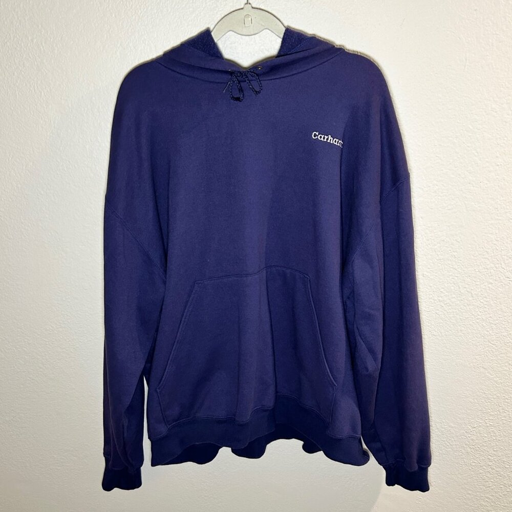 Carhartt Navy Blue Hoodie Embroidered Logo Pullover Sweatshirt Mens 2XL Y2K